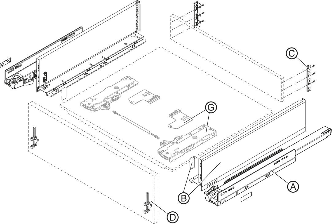 Çekmece yan ray sistemi, Blum Legrabox pure, çekmece kenarı yüksekliği 128 mm, sistem yüksekliği K, Blumotion S dolap raylı 4