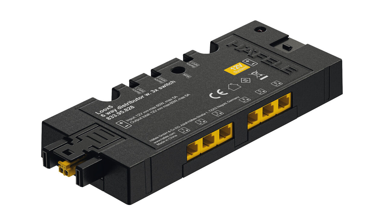 6 yollu dağıtıcı, Maks. 3 anahtar için çoklu açma işlevli Häfele Loox5 12 V 2 pimli (monokrom)