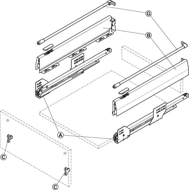 Çift Yanaklı Çekmece Sistemi, HÄFELE Matrix Box P, Yuvarlak Bordürlü Çekmece Seti, 18 mm Ahşap Kalınlığı İçin 2