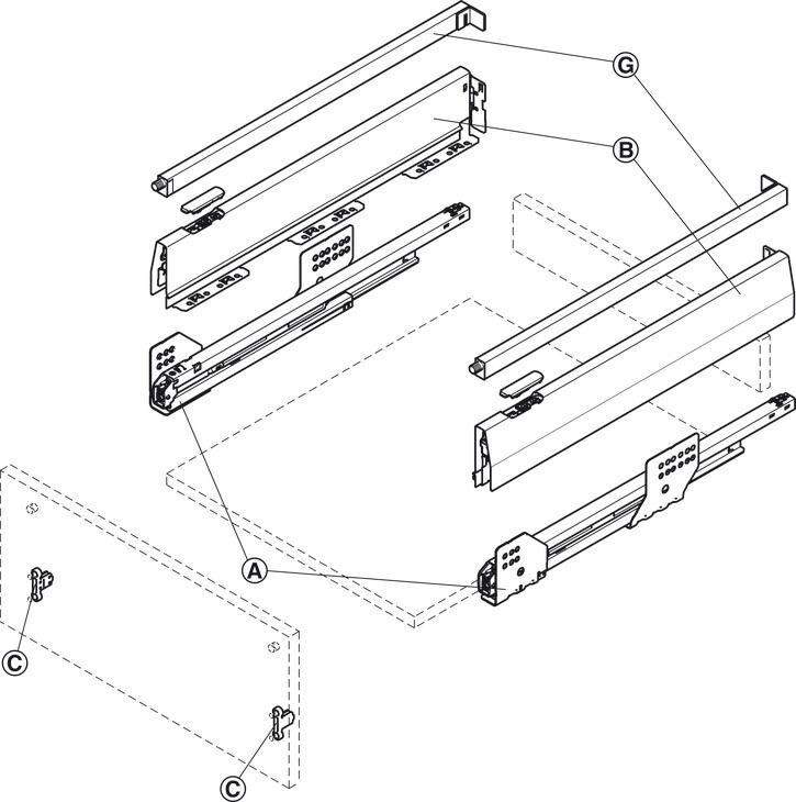 Çift Yanaklı Çekmece Sistemi, HÄFELE Matrix Box P, Kare Bordürlü Çekmece Seti, 18 mm Ahşap Kalınlığı İçin