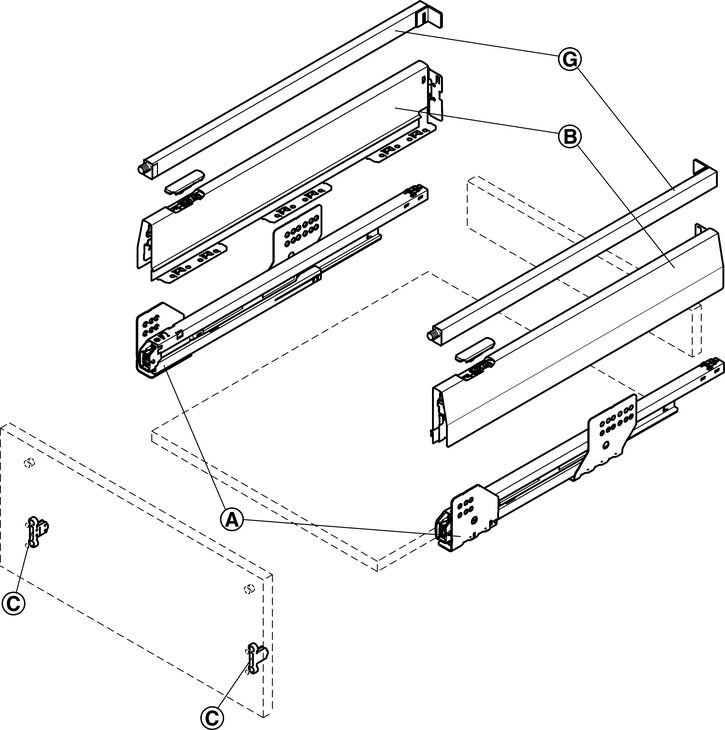 Çift Yanaklı Çekmece Sistemi, HÄFELE Matrix Box P, Kare Bordürlü Çekmece Seti, 18 mm Ahşap Kalınlığı İçin 4