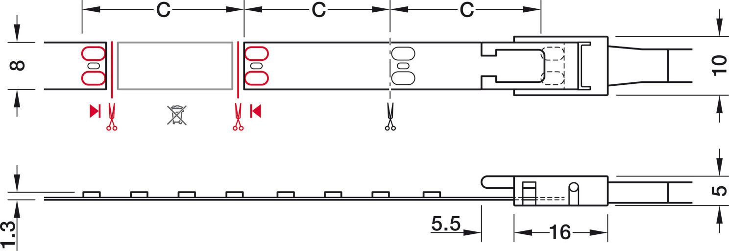 Şerit LED aydınlatma, Häfele Loox5 LED 3148 24 V 8 mm 2 pimli (monokrom), 160 LED/m, 9,5 W/m, IP20 4