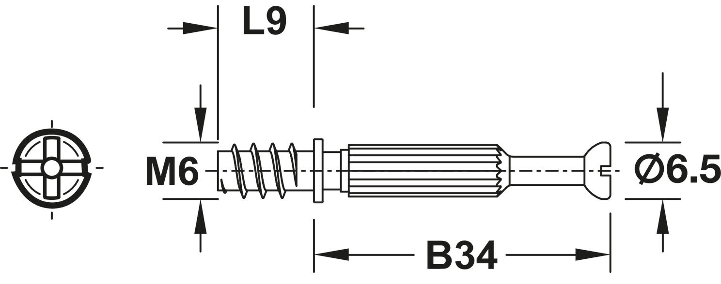 Çektirme mili, M300, Minifix® sistemi, M6 dişlisi, ⌀ 6,5 mm cıvata başlı 2