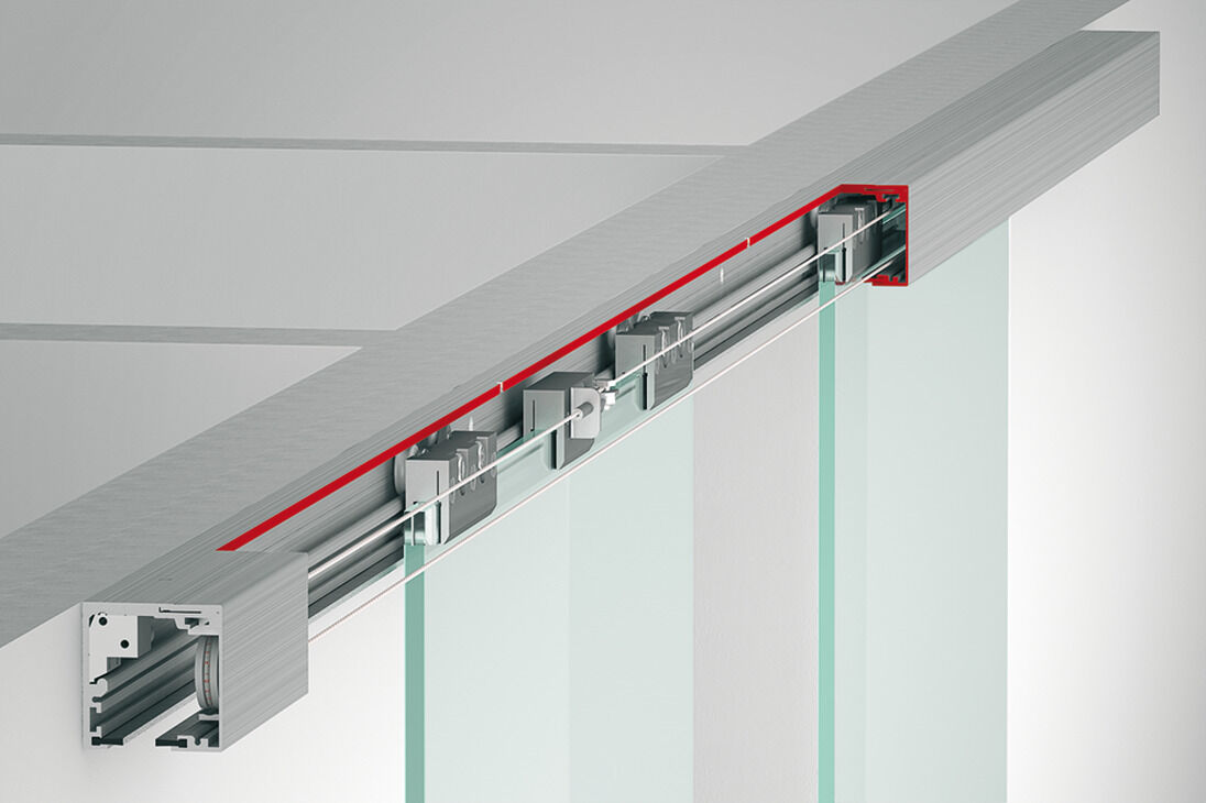 Kayar kapı bağlantı parçası, Häfele Slido D-Line12 50F / 80F, simetrik açılma özellikli ek bağlantı parçası, cam