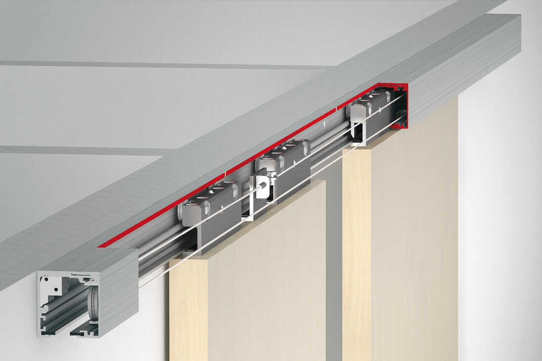 Kayar kapı bağlantı parçası, Häfele Slido D-Line12 50E / 80E, simetrik açılma özellikli ek bağlantı parçası, ahşap