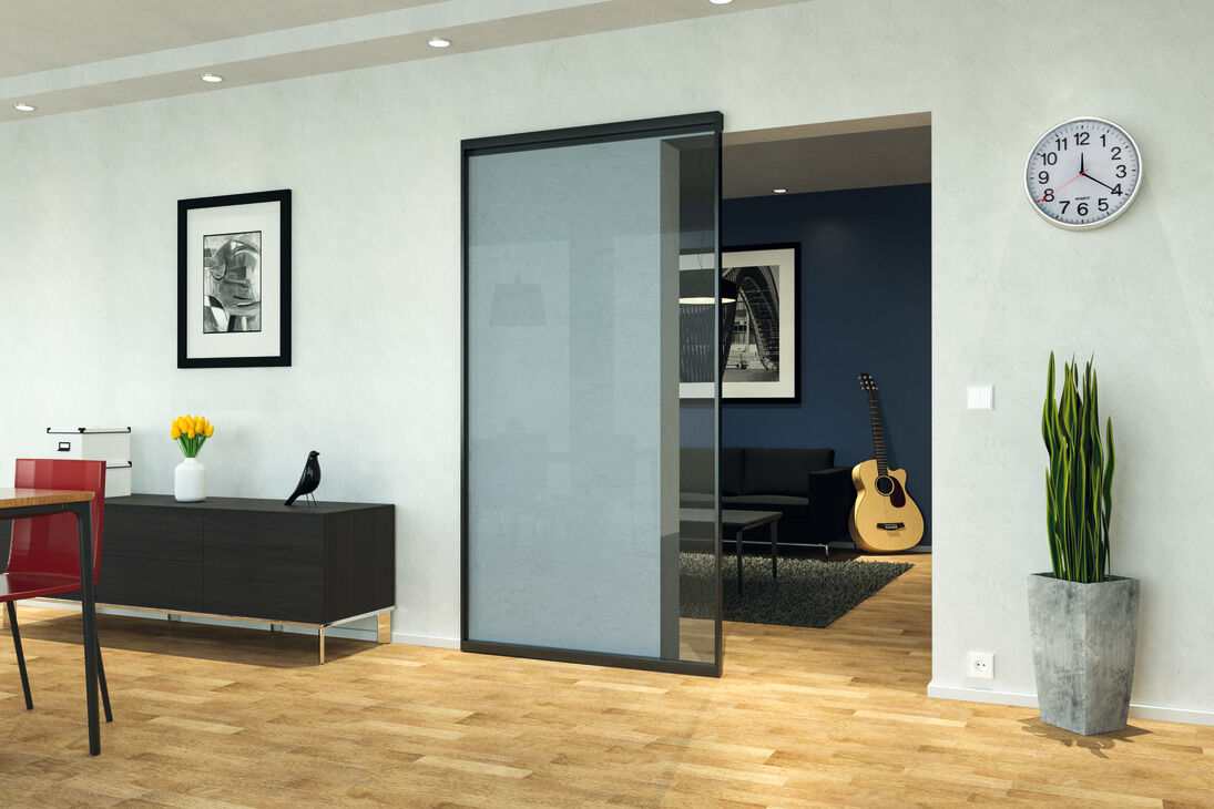 Kayar kapı donanımı, Slido D-Line43 80N, cam ve ahşap panel için çerçeveli kapı