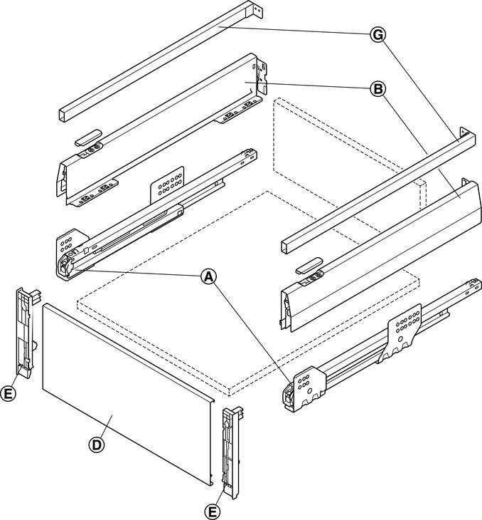 Çift Yanaklı Çekmece Sistemi, HÄFELE Matrix Box P, Bordürlü İç Çekmece Seti, 18 mm Ahşap Kalınlığı İçin 3