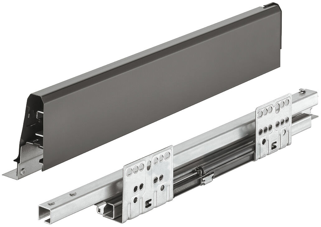 Çekmece yan ray sistemi, Häfele Matrix Box S35, çekmece kenarı yüksekliği 84 mm, yük taşıma kapasitesi 35 kg, yumuşak ve kendiliğinden kapanma mekanizmaları ile 2
