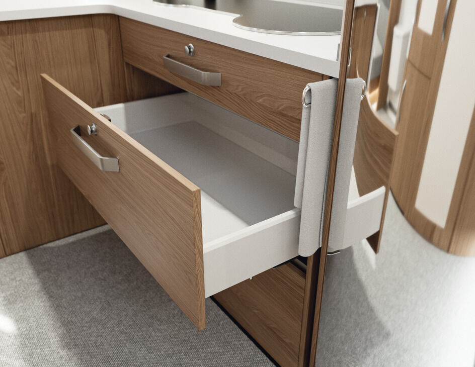 Çekmece yan ray sistemi, Häfele Matrix Box S35, çekmece kenarı yüksekliği 84 mm, yük taşıma kapasitesi 35 kg, yumuşak ve kendiliğinden kapanma mekanizmaları ile 3