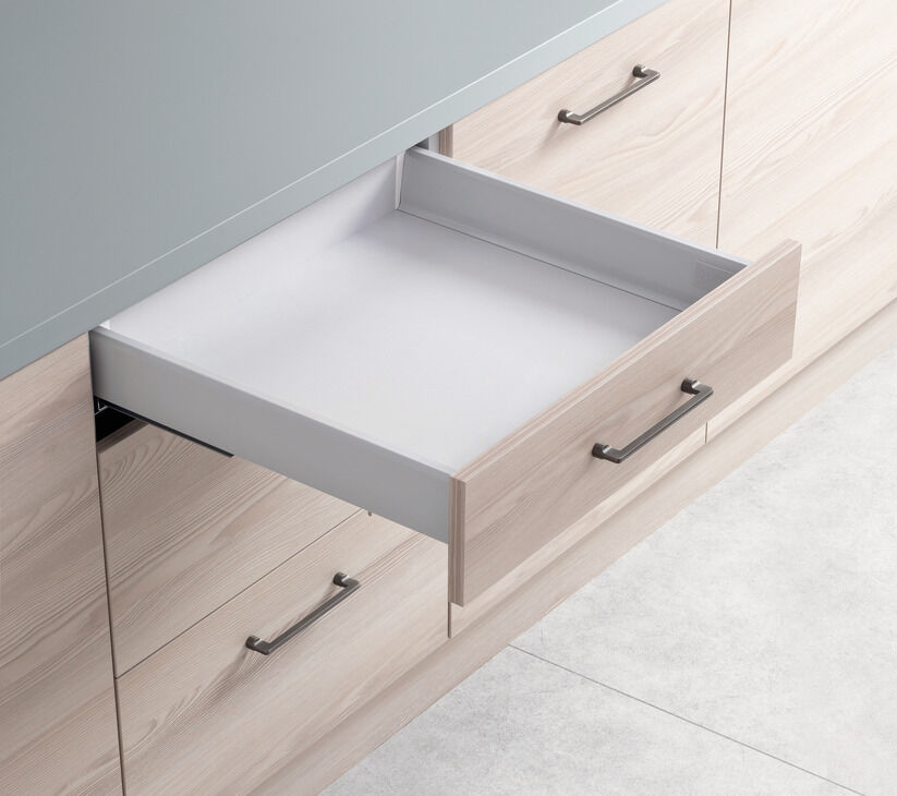 Çekmece yan ray sistemi, Häfele Matrix Box S35, çekmece kenarı yüksekliği 84 mm, yük taşıma kapasitesi 35 kg, yumuşak ve kendiliğinden kapanma mekanizmaları ile