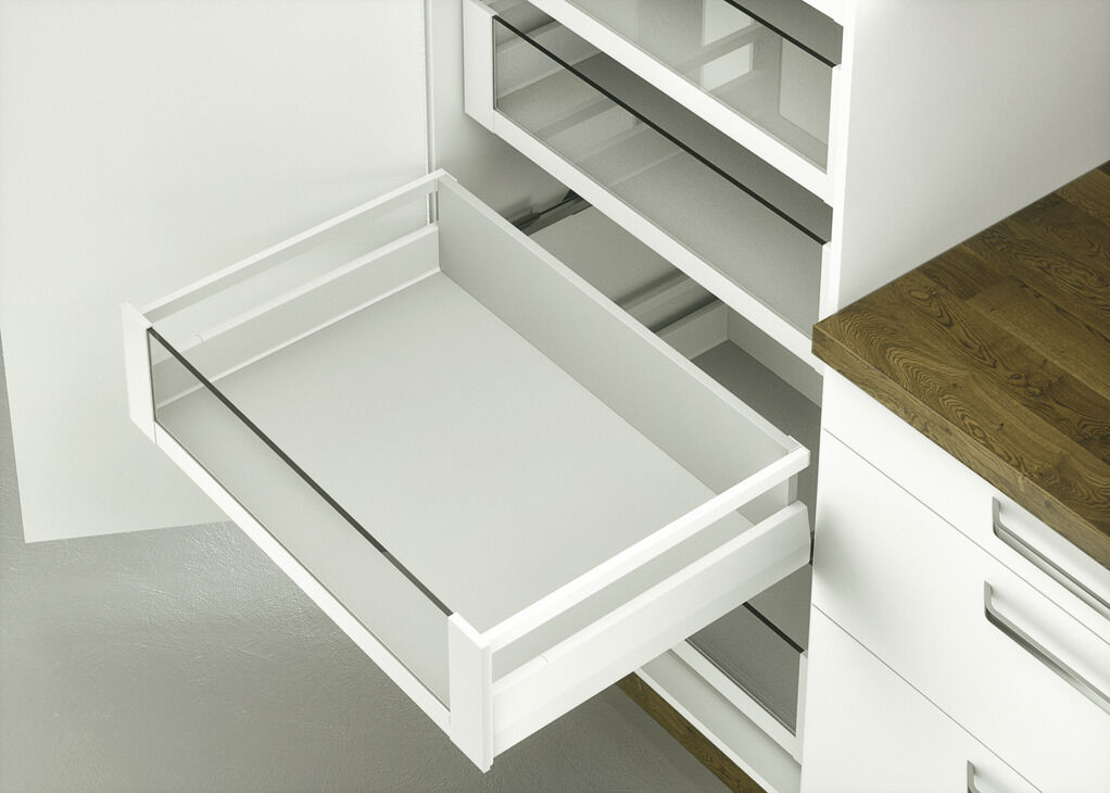 Çift Yanaklı Çekmece Sistemi, HÄFELE Matrix Box P, Bordürlü İç Çekmece Seti, cam ön profilli, 18 mm Ahşap Kalınlığı İçin