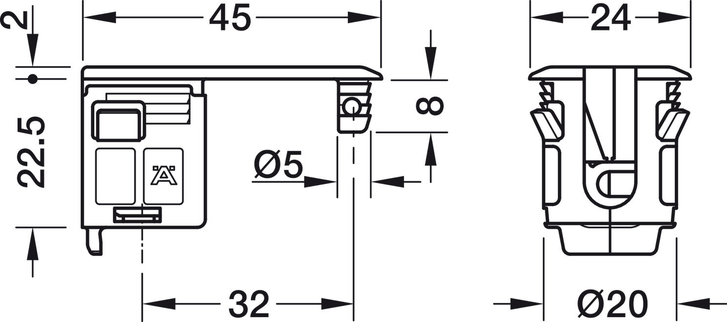 Bağlantı gövdesi, Rafix 20 HC, panel kalınlığı 32–50 mm için 2