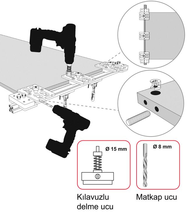 MINIFIX 3 Kafalı Montaj Şablonu, Delme Uçları ve Derinlik Stoperi Dahil 3